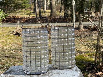 Pair Of Glass Bubble Glass Lanterns /vases Wrapped In Metal