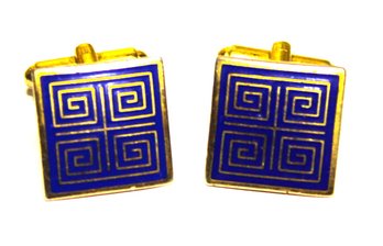 Pair Fine Givenchy Blue Enamel Gold Tone Cufflinks