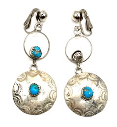 Vintage Sterling Silver Southwestern Turquoise Color Stone Etched Clip On Dangle Earrings