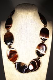 SUPERB Fine Banded Striped Agate Beaded Necklace W Snake Form Clasp Sterling Silver