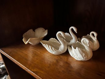 Set Of Lenox Porcelain Swan Bowls With Gold-trimmed Serving Dish