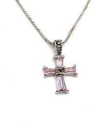 Vintage Italian Sterling Silver Chain With Light Pink Stones Cross Necklace