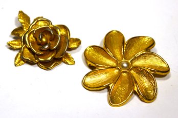 Two Vintage Gold Tone Floral Brooches