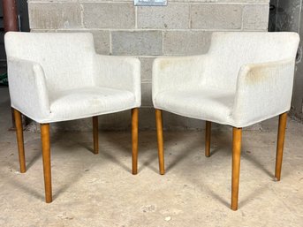 A Pair Of Modern Arm Chairs In Linen By West Elm