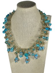 Gold Wire Venetian Art Glass Beaded Neckalce 17' Aqua Blue