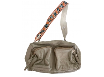 Anthropologie Beige Leather Purse With Flowered Embroidered Strap