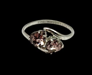 Beautiful Vintage Sterling Silver Double Rose Color Heart Stones Ring, Size 6.5