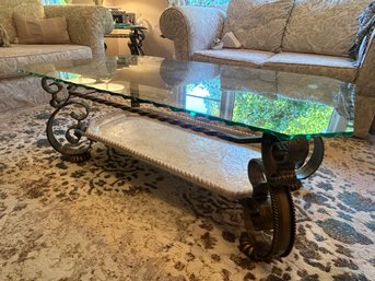 Rectangular Glass Topped Coffee Table With Wrought Iron Base- GREAT CONDITION 46' X 26'