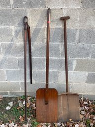 TWO ANTIQUE SHOVELS AND ONE FLAIL