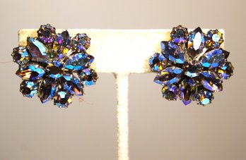 Pair Fine Vintage Rhinestone Aurora Borealis Signed WEISS Clip Earrings