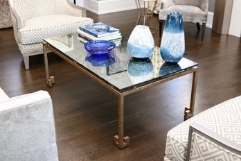 Eglomise Silvered Mirror Top Rectangular Table With Distresssed Gold  Metal Greek Key Frame