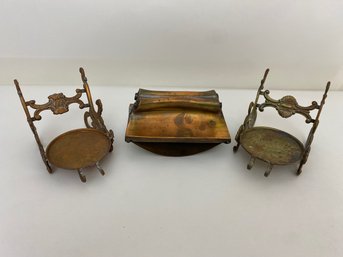 Two Bronze Pen & Inkwell Holders & A Blotter