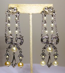 Signed Kirks Folly Silver Tone Faux Pearl Large Pierced Earrings