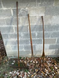 THREE ANTIQUE WOOD HAY RAKES