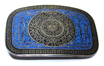 Large Antique Heavy Sterling Silver Mexican Buckle W Onyx & Lapis Inlay