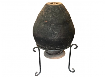 Primitive Earthenware Biot Olive Oil Vessel With Iron Stand
