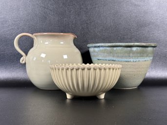 A Lovely Grouping Of Compatible Ceramics: Two Bowls & A Pitcher