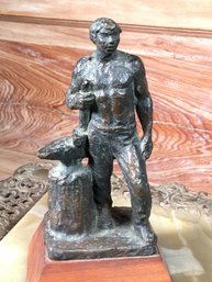 Interesting Antique / Vintage Bronze Blacksmith Statue On Wooden Base - Well Done - Apparently Unsigned
