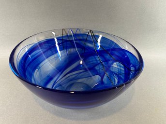 Beautiful Signed Kosta Boda Anna Ehrner Blue Swirl Glass Bowl