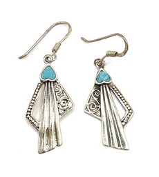 Vintage Sterling Silver Southwest Turquoise Color Inlay Heart Dangle Earrings