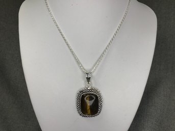 Lovely Brand New Sterling Silver Pendant And Snake Necklace With Large Tiger Eye Stone - GREAT LOOK !