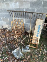 MISC COUNTRY ITEMS, PLANT STAND, RAKE, ETC.