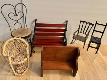 Lot 6 Miniature Chairs & Benches- Bistro Chair, Peacock, 2 Wood Benches, Brass & Cast Iron ( READ Desc )