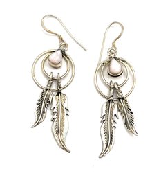 Vintage Sterling Silver Feathers And Peach Color Dangle Earrings