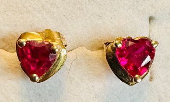 10K GOLD RED GEMSTONE HEART FORM EARRINGS