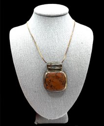 Vintage Mexican Sterling Silver Smooth Brown Agate Stone Pendant On Italian Sterling Silver Smooth Chain