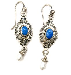 Beautiful Sterling Silver Southwestern Lapis Ornate Dangle Earrings