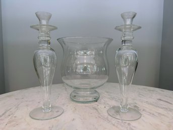 Pair Of Large Glass Candlesticks With Oversized Vessel