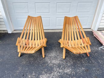 Pair Of Folding Mid Century Slat Wood Folding Chairs