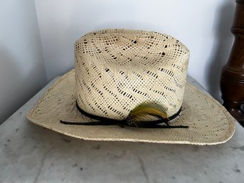 Stetson Straw Hat With Feather Detail, Size 7 1/4