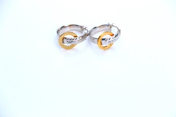 14k White Yellow 2 Tone Hoop Diamond Cut Earrings