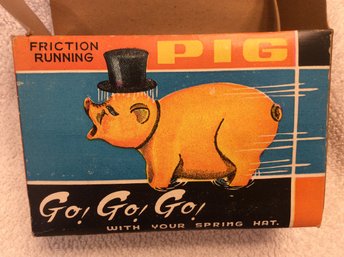 Vintage Friction Running Pig With Spring Hat In Box