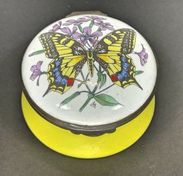 Collectible Yellow White Enamel Patch Box Having Butterfly Decoration