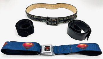 4 Belts: Superman With Airplane Seat Buckle, Studded Leather & 2 Leather Belts Without Buckles