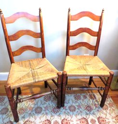 Pair Of Vintage Rush Seat Round Ladderback Chairs