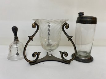 Misc. Glass & Metal Lot - Bell, Candleholder, Cocktail Shaker