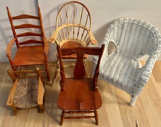 Lot Of 5 VTG MINI  Chairs - Wicker, Windsor, Shaker, Side Chair, Rush Seat Rocker ( READ Description)