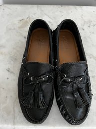 Coach 'Greenwich' Black Tasseled Pebble Leather Driving Loafers, Size 7.5B