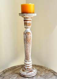 A Carved Wood Pillar Candleholder