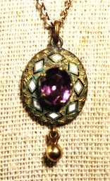 Victorian Gold Filled Enamel Purple Stone Pendant On Chain Necklace