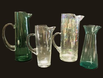 Four Vintage Glass Pitchers-West Virginia Iridescent Optic Glass-Atomic Star And Others
