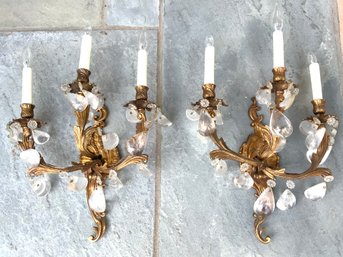 Stunning Pair Of Rock Crystal And Gilt Bronze Three-Light Wall Sconces