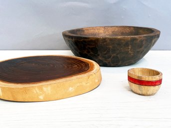 A Vintage Wood Serving Collection - Ramekin, Cutting Board, Carved Salad Bowl