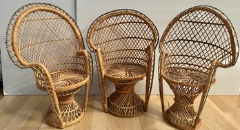 Vintage Lot Of 3 MINI Diminutive Peacock Wicker/Rattan Chairs 16' Height