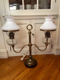 Brass 2 Arm Table Lamp Milk Glass And Hurricane Shades