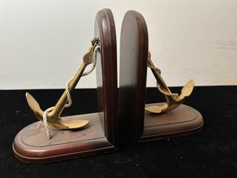 Mid-Century Brass And Wood Bookends Anchor & Rope